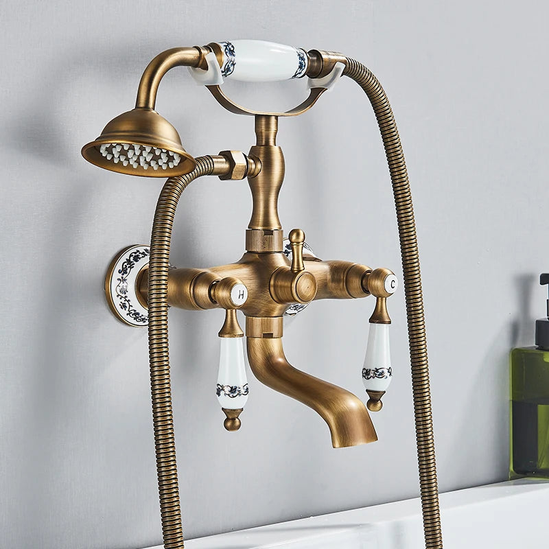 Retro Antique Brass Black Bronze Bathtub Shower Faucets Set Dual Knobs Mixer Tap Wall Mounted Bath Shower Set Swivel Tub Spout