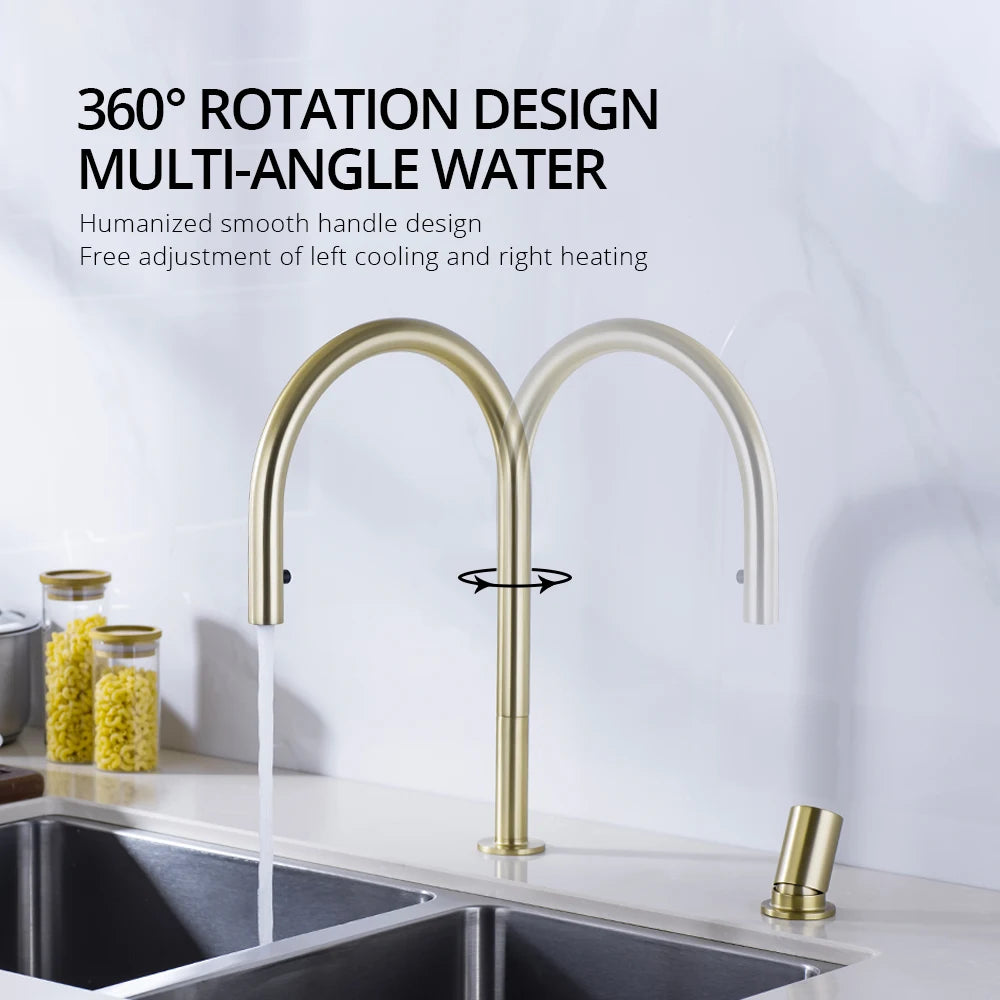Brushed Gold Kitchen Faucet Invisible Pull Out Spray Mixer Double Hole Single Handle Solid Brass Hot and Cold Separate Sink Tap