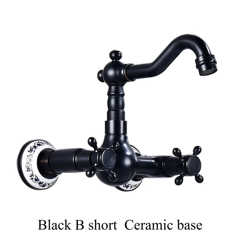 Antique brass ceramic into the wall faucet bathroom washbasin basin wall mount double handle cold and hot water faucet