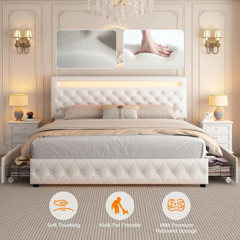 Queen Led Bed Frame with 4 Storage Drawers and Smart Control LED Lights