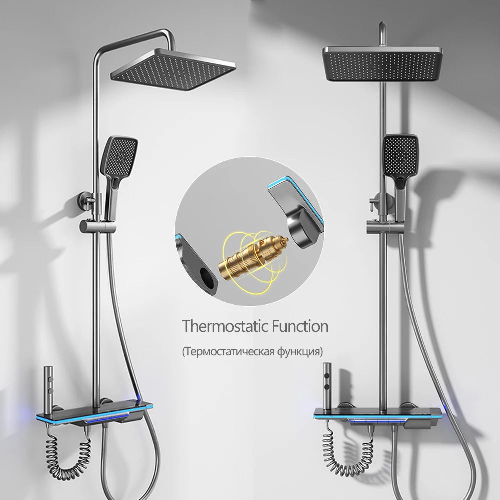 OXG Brass Bathroom Faucet Thermostatic Shower Faucet Set With Digital Display Ambient Light Shower System Rainfall Shower Set