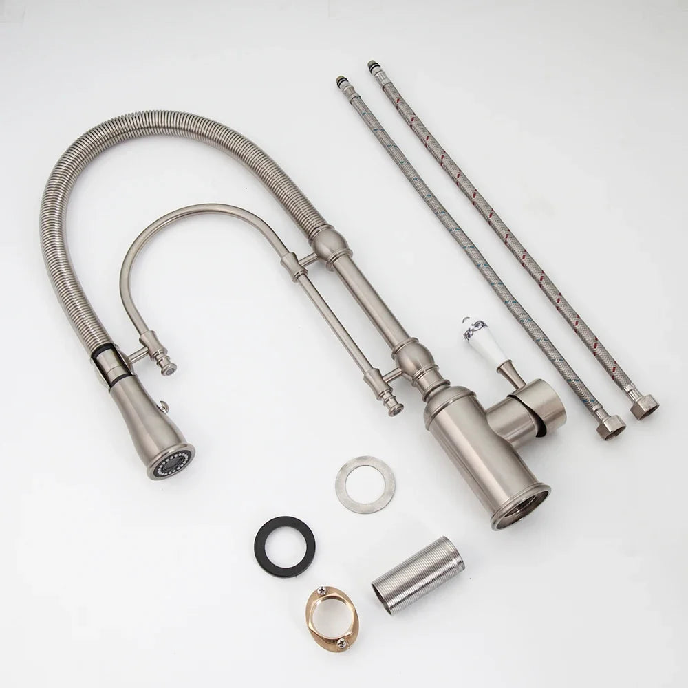 Golden Spring Pull Down Kitchen Sink Faucet Hot & Cold Mixer Crane Tap with Dual Spout Deck Mounted Hot Cold Faucets