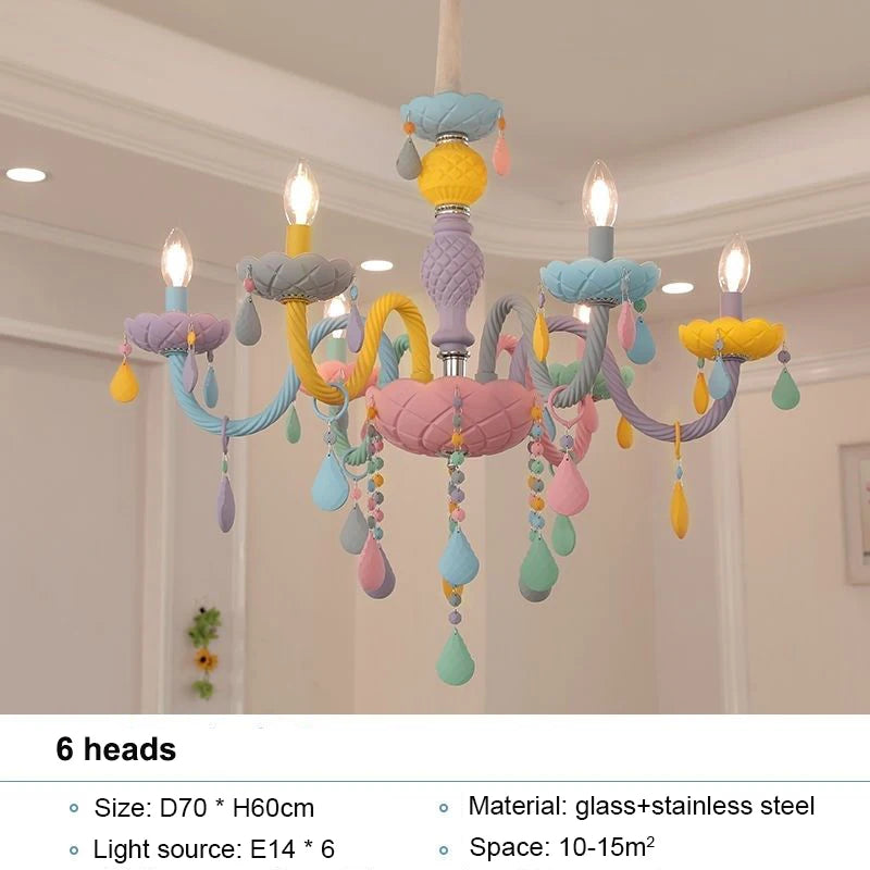 Modern Romantic Rainbow Crystal Chandelier European Candle lustres Children's Makaron Girl Princess Pendant Lamps Light Fixtures