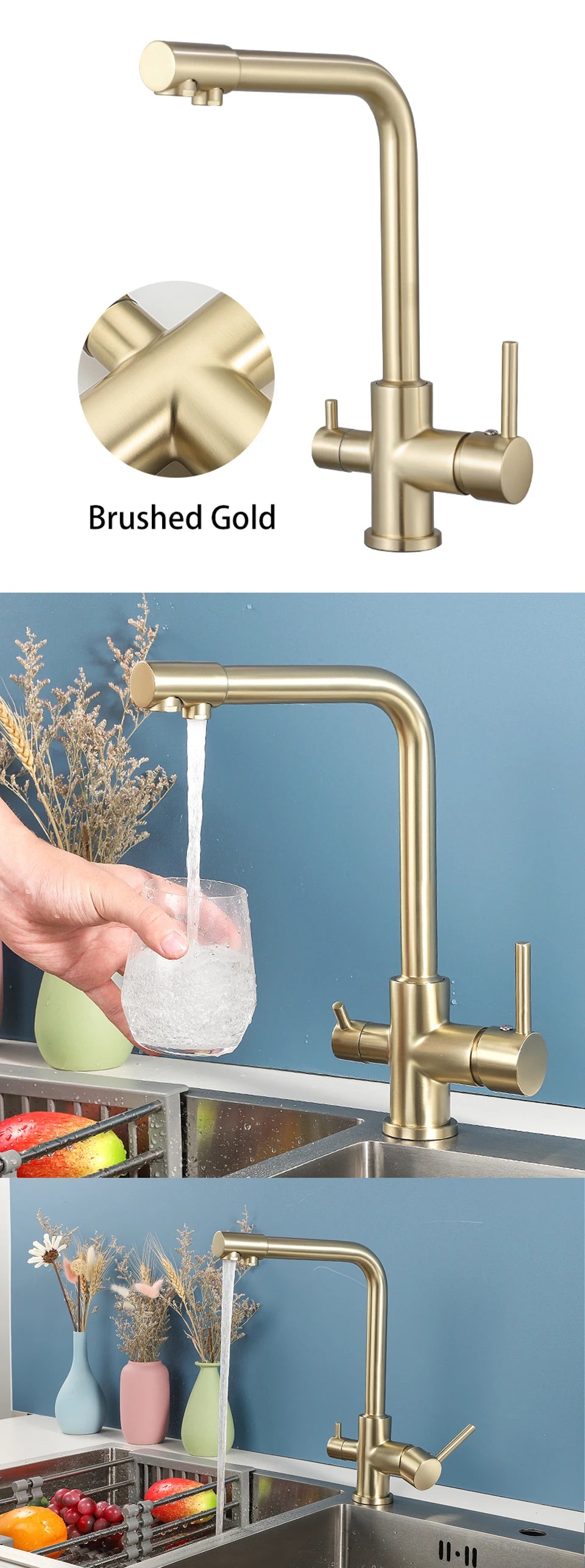 ULA Filtered Kitchen Faucet Gold Purifier Faucet Dual Sprayer Drinking Water Mixer Tap Nozzle Brass Kitchen Sink Mixer Torneira