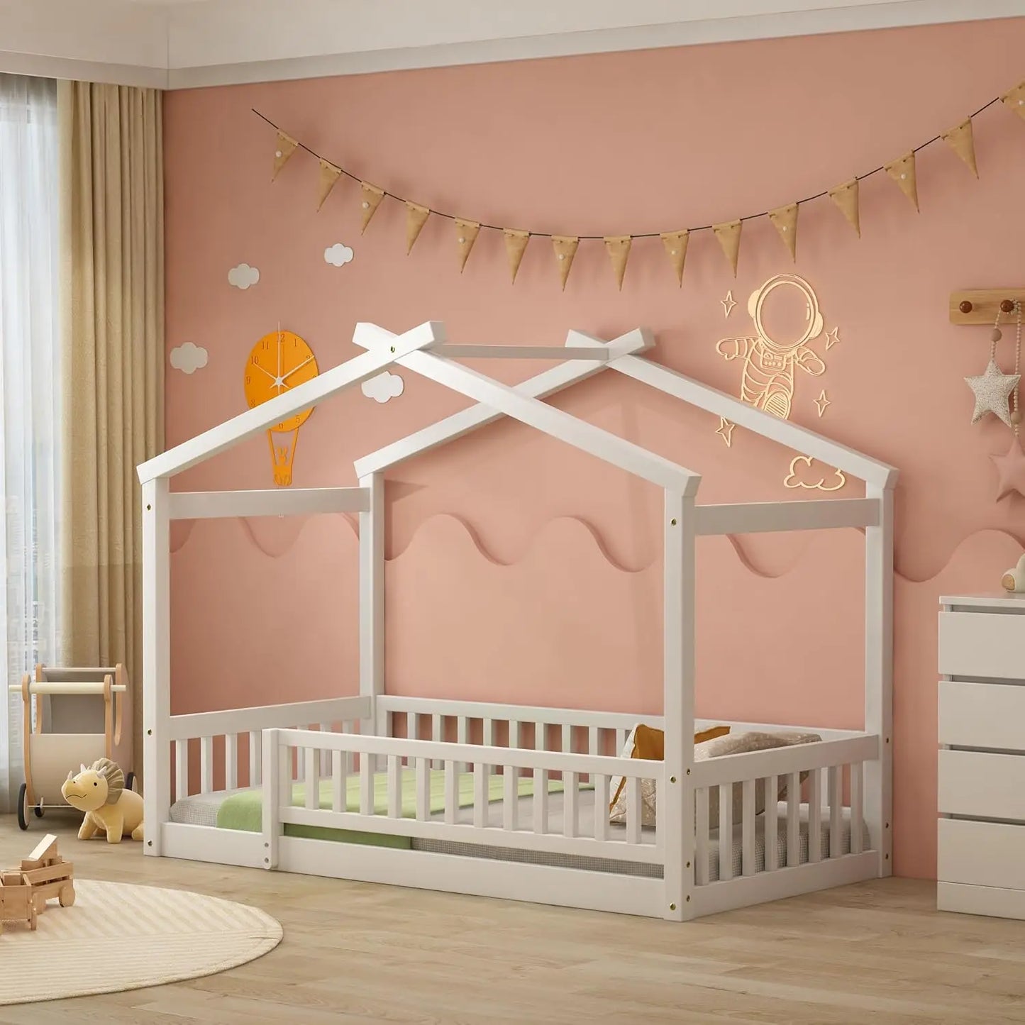 House Style Bed Full Size Floor Bed with Fence Railings