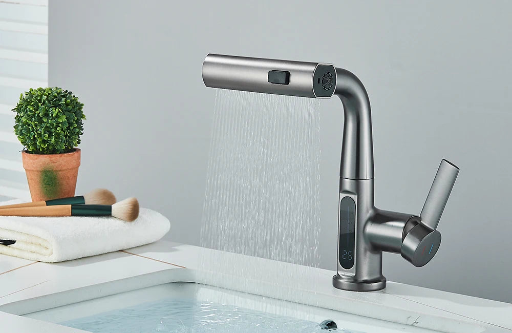 Waterfall Temperature Digital Display Basin Faucet Lift Up Down Stream Sprayer Hot Cold Water Sink Mixer Wash Tap For Bathroom