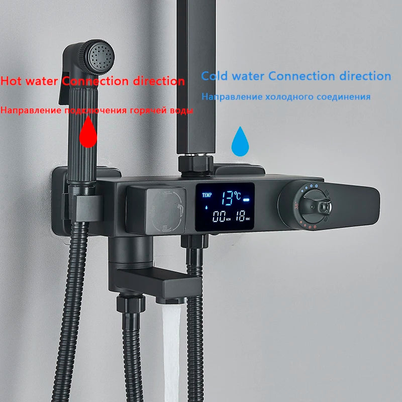 Black Smart Thermostatic Shower Faucet Set Bathroom Intelligent Rainfall Digital Mixer Tap With Rack and Bidet Bath System