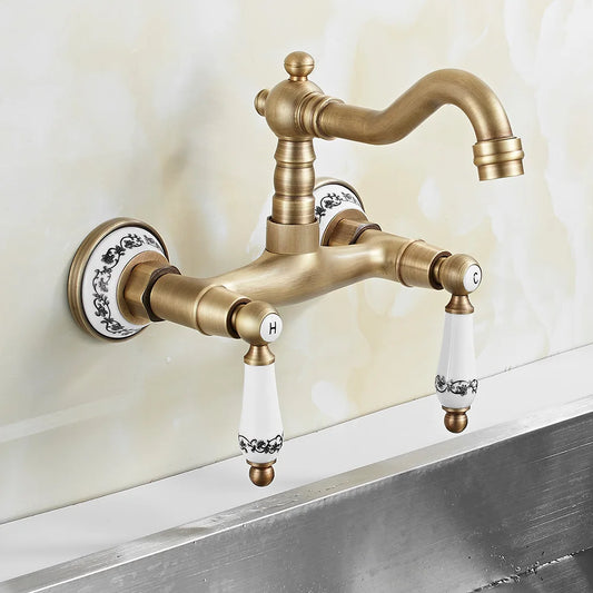 Wall Mount Antique Faucet Antique Brass Kitchen Faucet Dual Cold Hot Water Mixer Tap 360 Degree Rotation Kitchen Sink Faucet