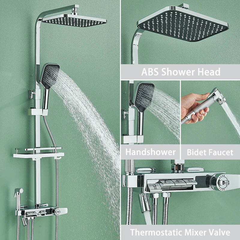 Black Thermostatic Digital Display Shower Faucet Set Rainfall Shower Column Wall Mounted Bathtub Tap With Shelf and Bidet