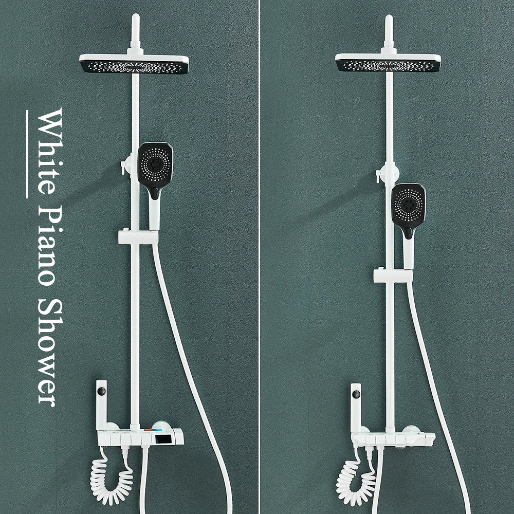 Grey Piano Digital Shower Set Intelligent Brass Bathroom Faucets Hot Cold Waterfall Tap Rainfall White Shower System Chuveiro