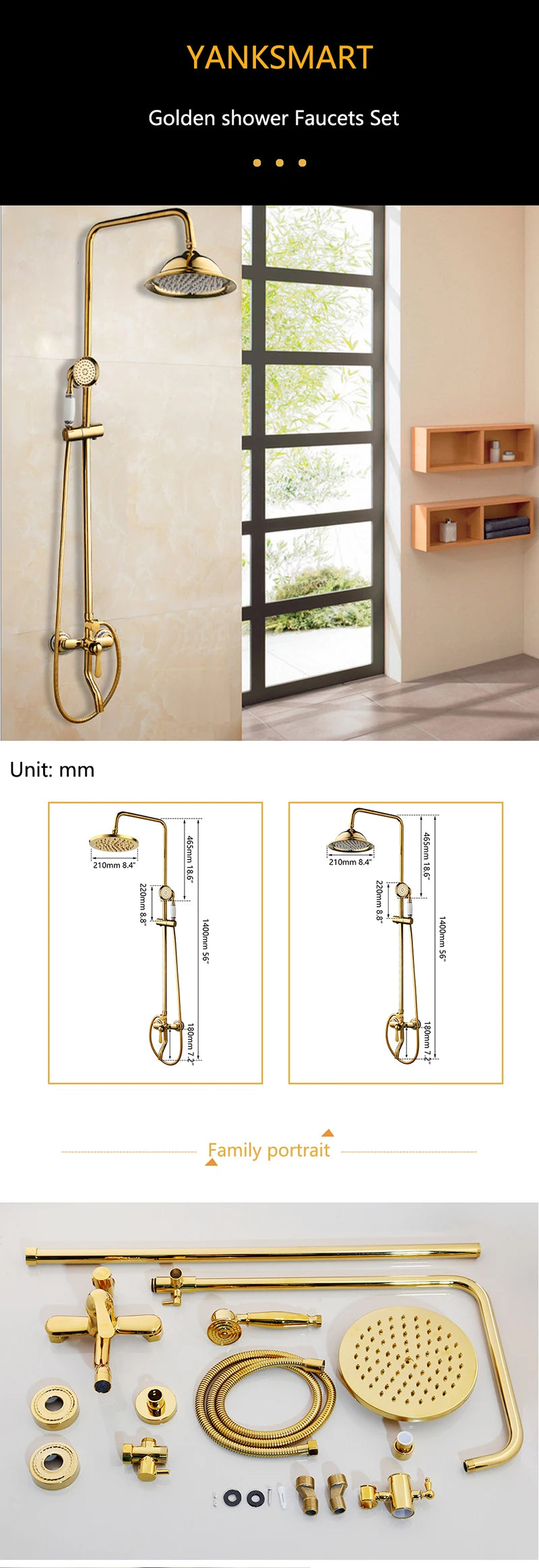 YANKSMART Gold Polished Bathroom Shower System Faucet Set Wall Mounted 3 Functions Rainfall Round Showers Head Mixer Water Tap