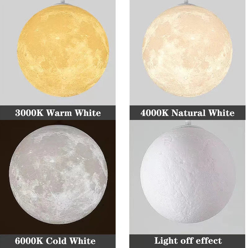 Creative 3D printed moon chandelier 15W 3 Color change light simple bedroom children's room restaurant bar commercial ball lamp
