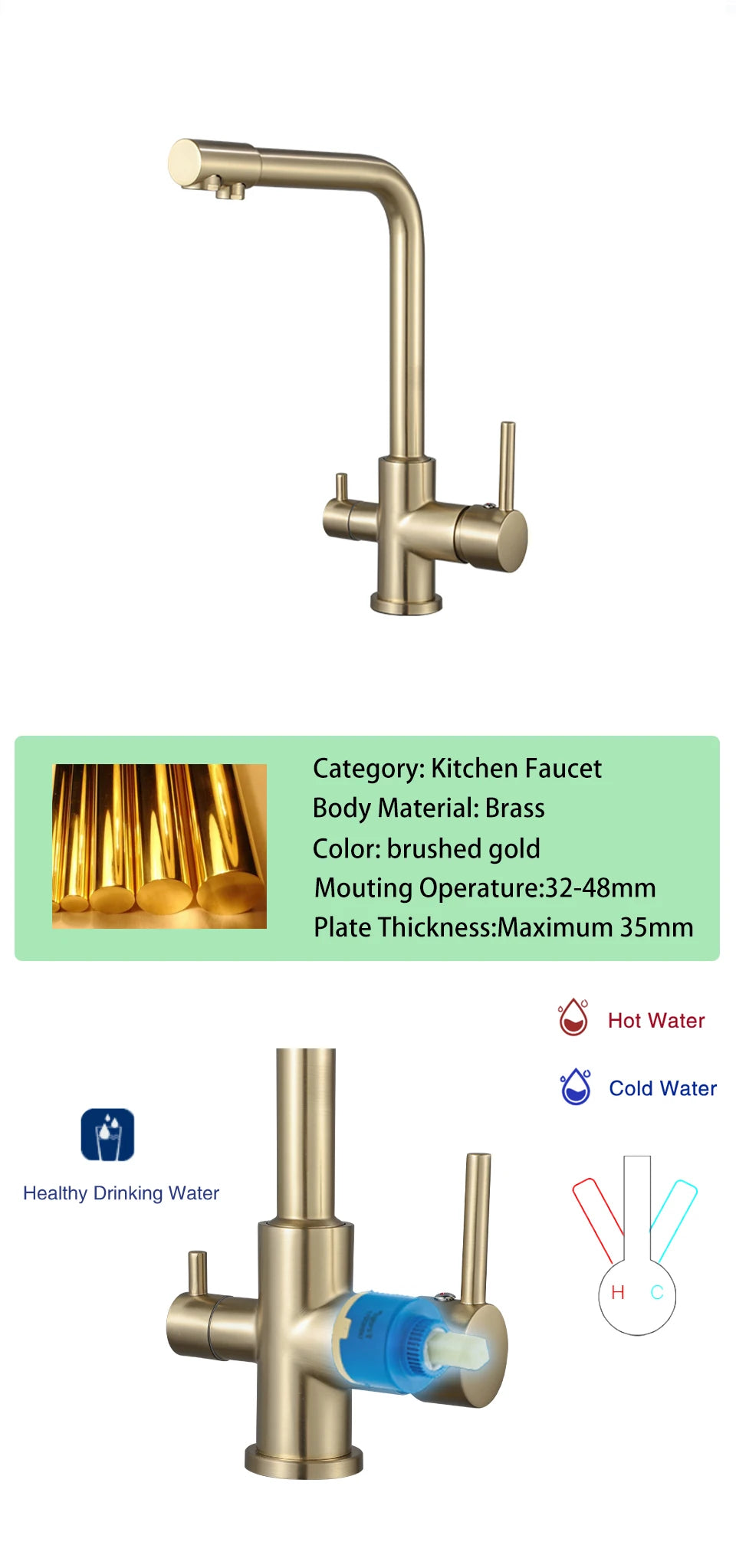 ULA Filtered Kitchen Faucet Gold Purifier Faucet Dual Sprayer Drinking Water Mixer Tap Nozzle Brass Kitchen Sink Mixer Torneira