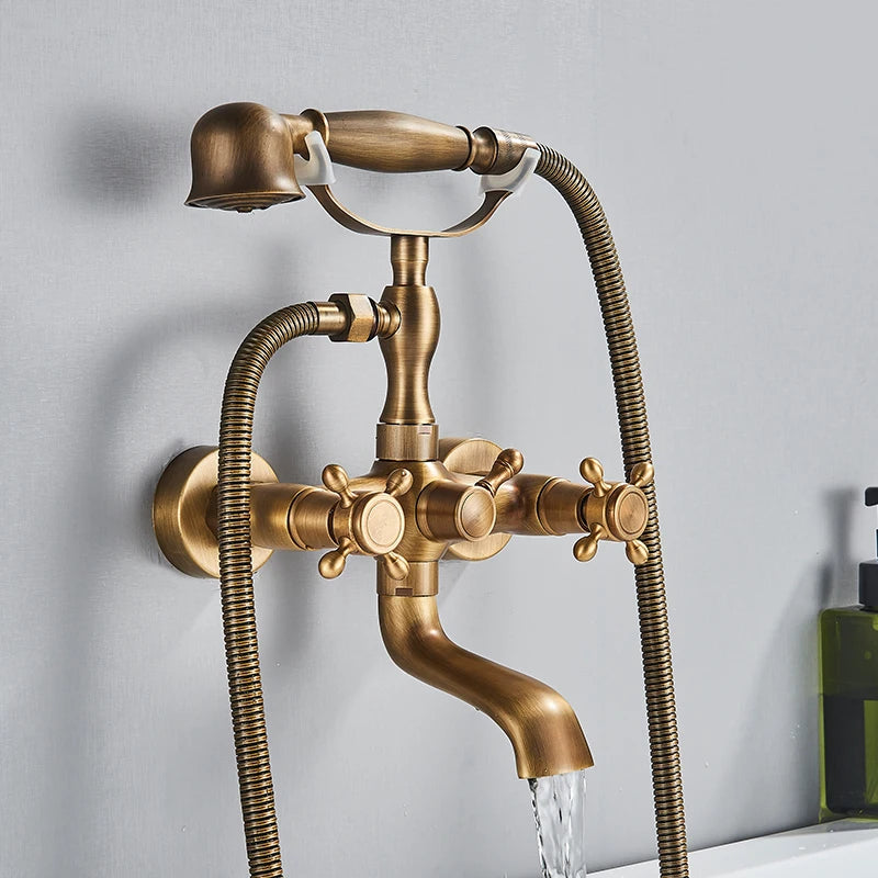 Retro Antique Brass Black Bronze Bathtub Shower Faucets Set Dual Knobs Mixer Tap Wall Mounted Bath Shower Set Swivel Tub Spout