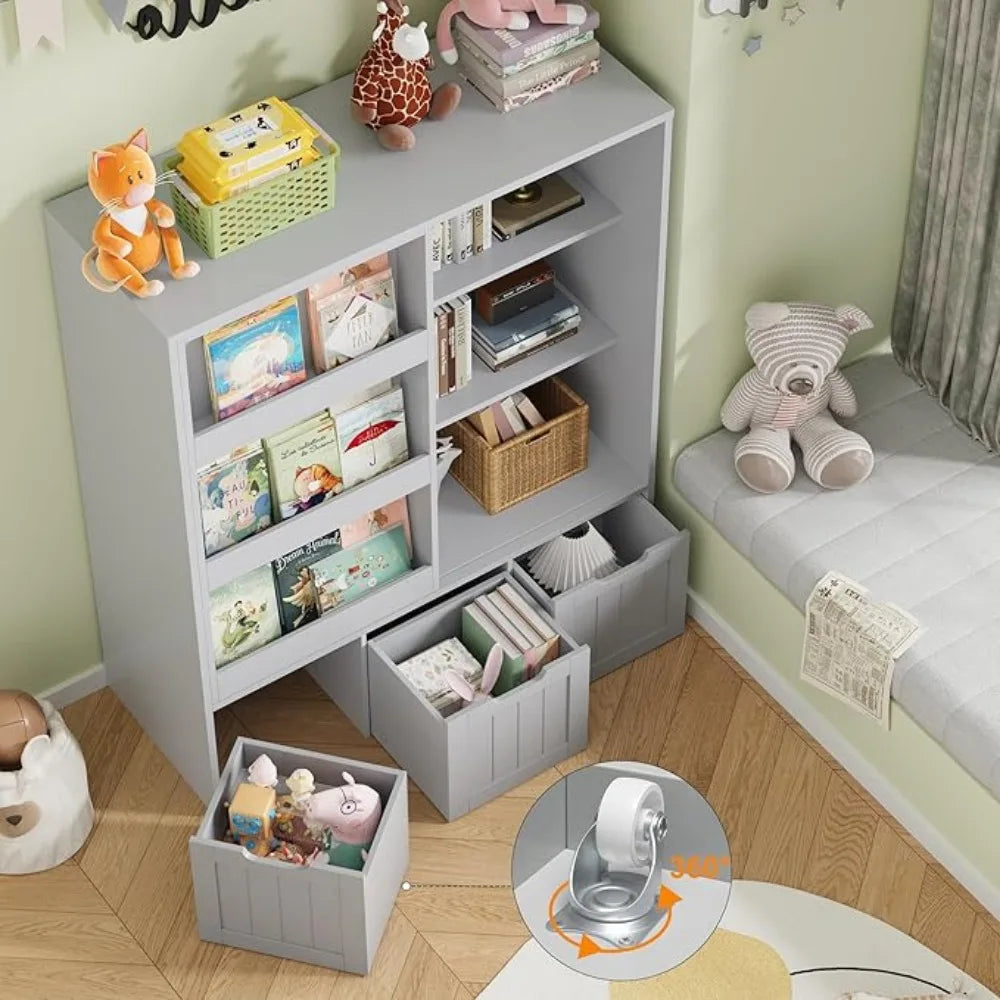 Toy Storage Organizer with Sliding Book Shelf