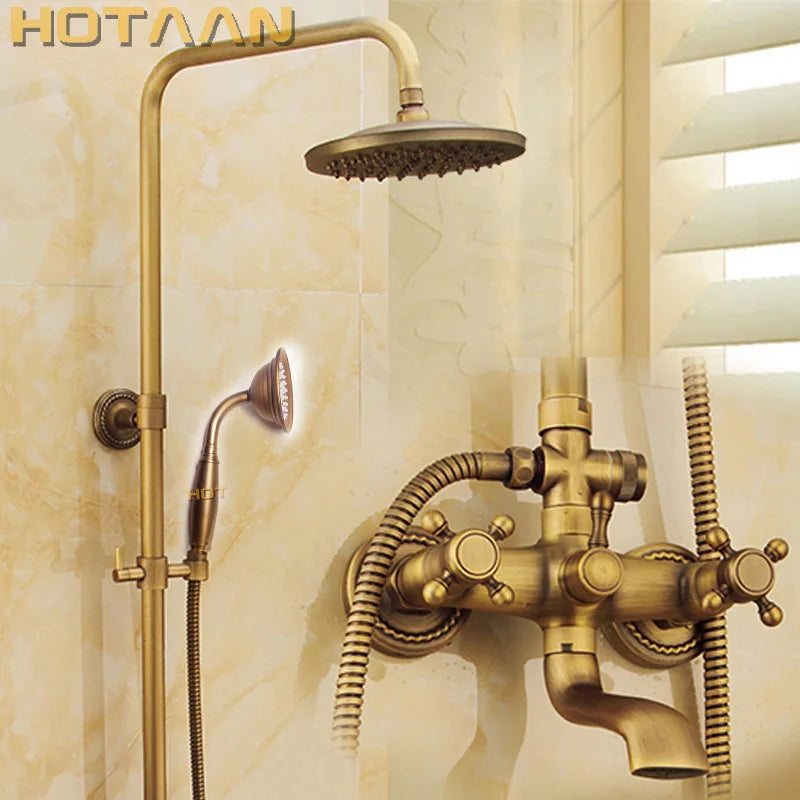 Antique Brass Wall Mounted Mixer Valve Rainfall Shower Faucet Complete Sets + 8" Brass Shower Head + Hand Shower + Hose YT-5317A