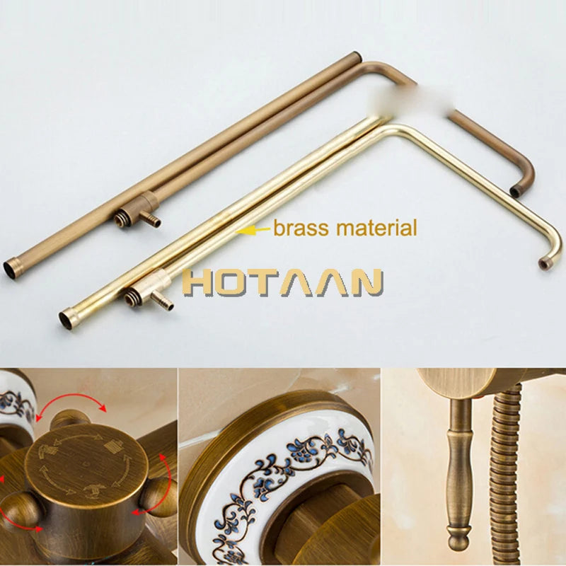 Antique Brass Wall Mounted Mixer Valve Rainfall Shower Faucet Complete Sets + 8" Brass Shower Head + Hand Shower + Hose