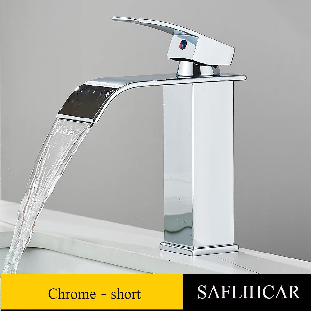 Brushed Gold Basin Sink Faucet Waterfall Outlet Vanity Hot Cold Mixer Tap Deck Mount Taps Washbasin Faucet for Bathroom