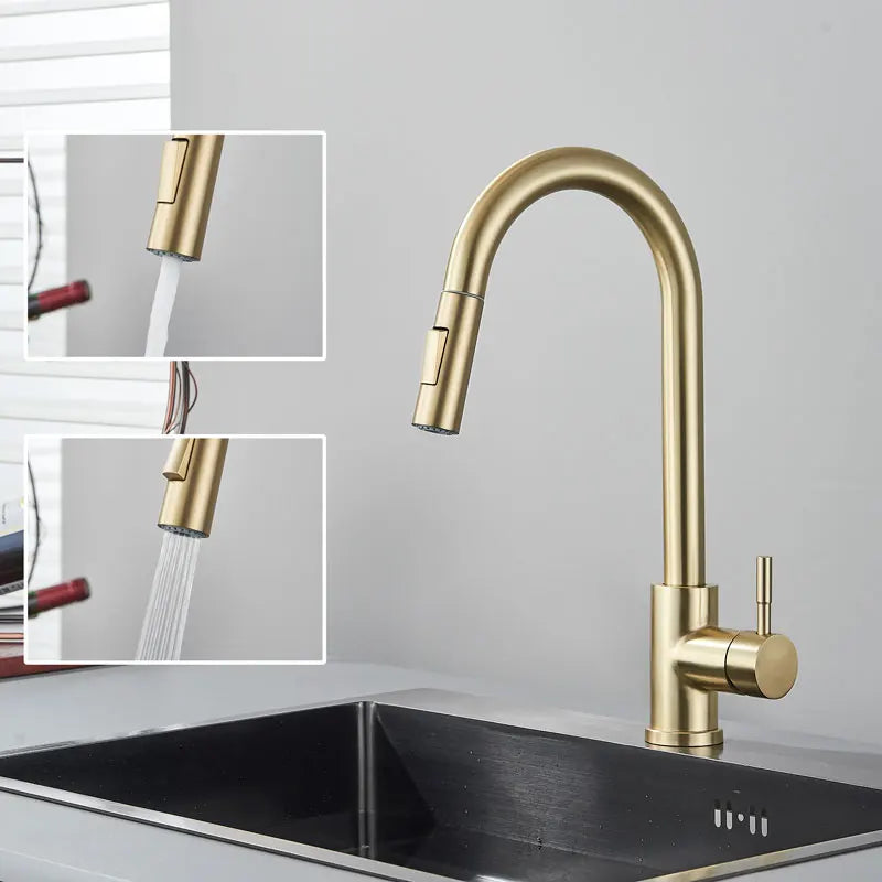 FMHJFISD Kitchen Faucet Brushed Gold Pull Out Kitchen Sink Water Tap Single Handle Mixer Tap 360 Rotation Kitchen Shower Faucet