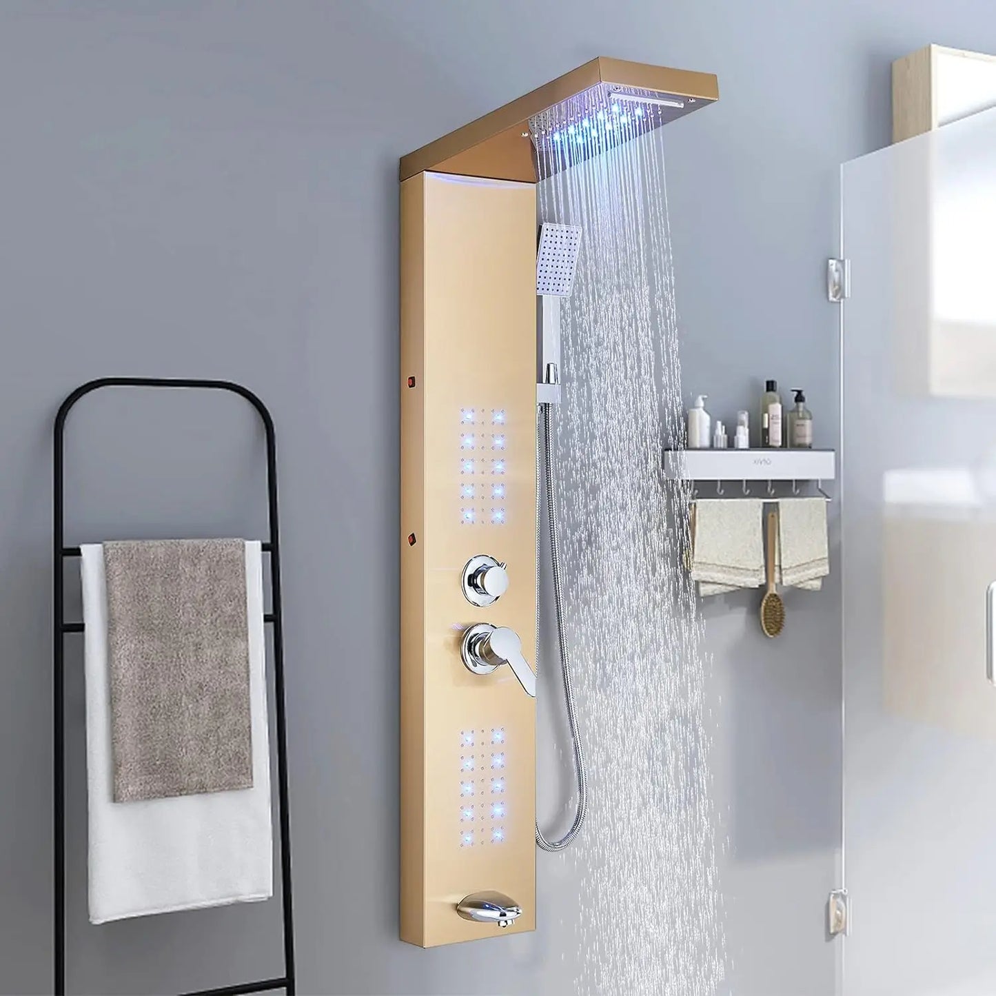 OUIO Brush LED Shower Panel Column Shower Faucet Bathtub Mixer Tap With Massage Body Spa Hand Shower Temperature Screen Set