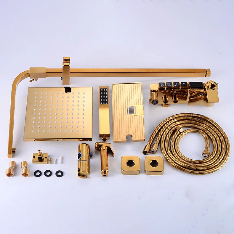 Gold Digital Shower Set Quality Brass Hot Cold Bathroom Shower Faucets Tap Rain Shower Head Golden Thermostatic Shower System