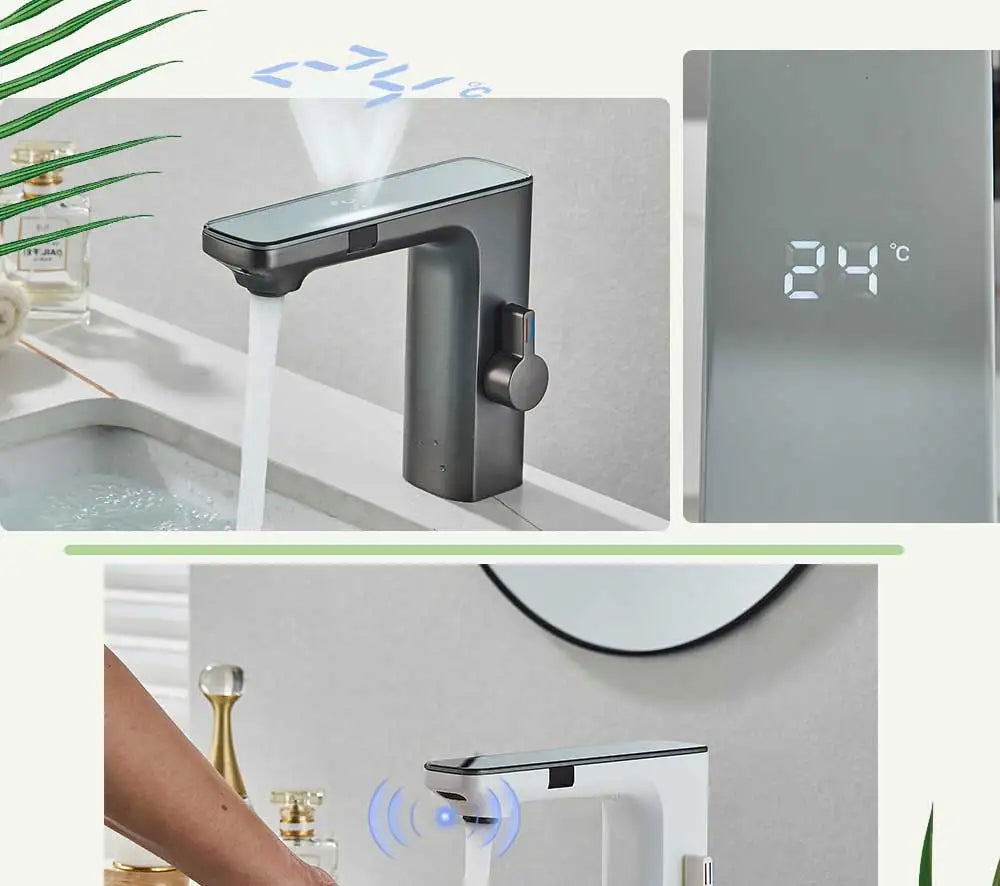 Touchless Sensor Basin Faucet Brass Smart Digital Display Bathroom Sink Faucet Grey Sense Hot Cold Water Mixer Tap Battery Power