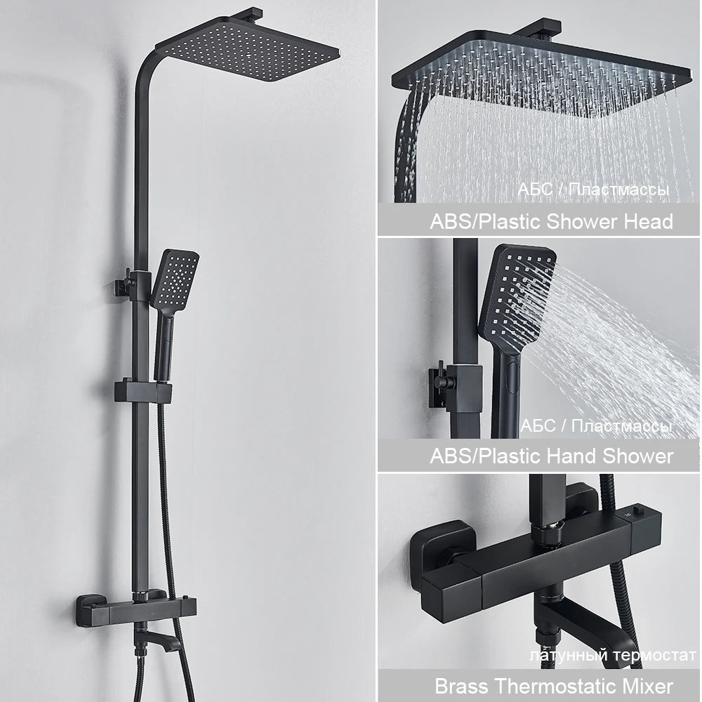 Black Thermostatic Shower Faucet Set 38℃ Rainfall Shower Mixer Crane Multifunctional Bathroom Faucet Bathtub Tap With Shelf