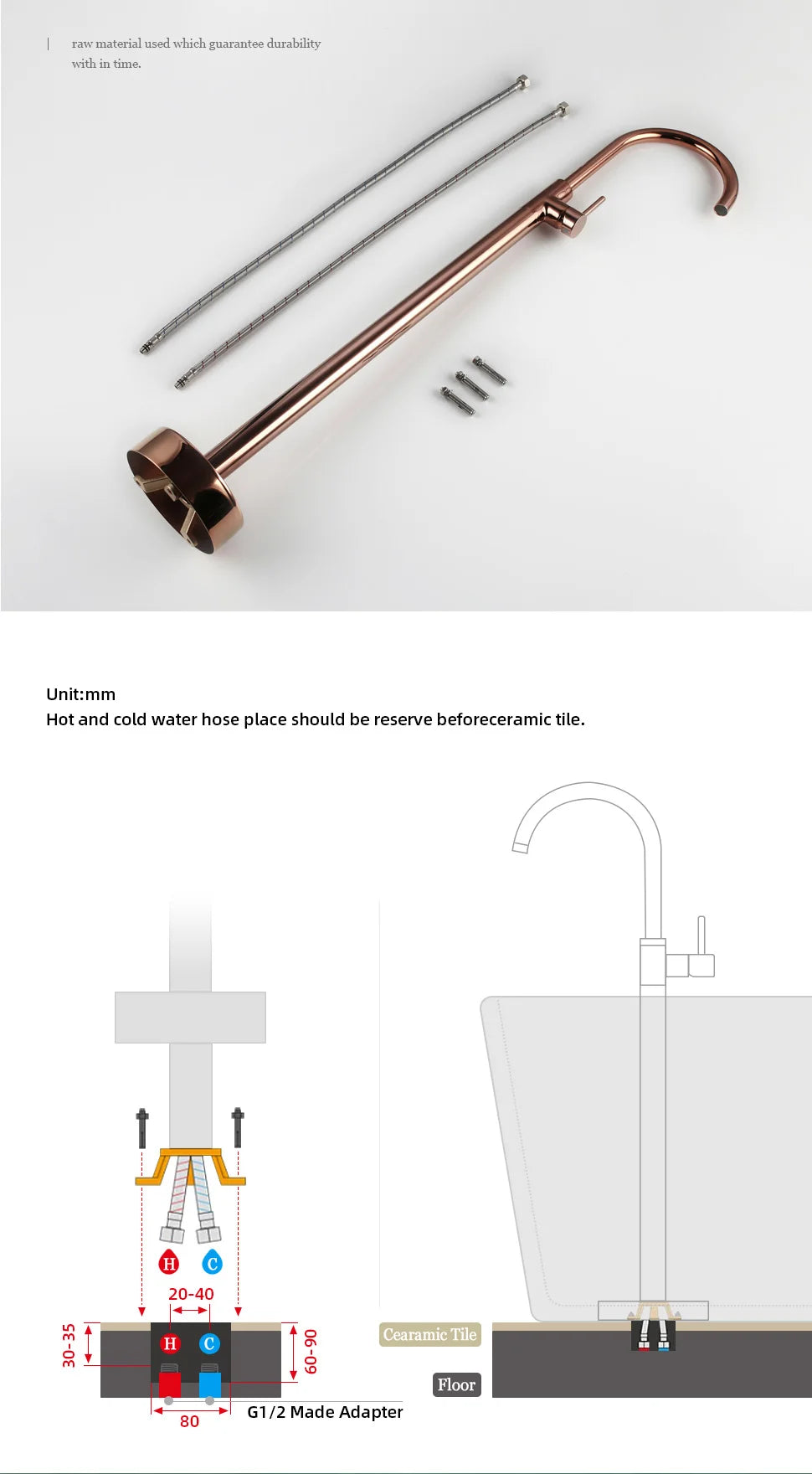 Bathroom Bathtub Floor Stand Faucet Rose Gold Mixer Single Handle Tap 360 Rotation Spout With Brass Hand Hot &Cold Water Shower