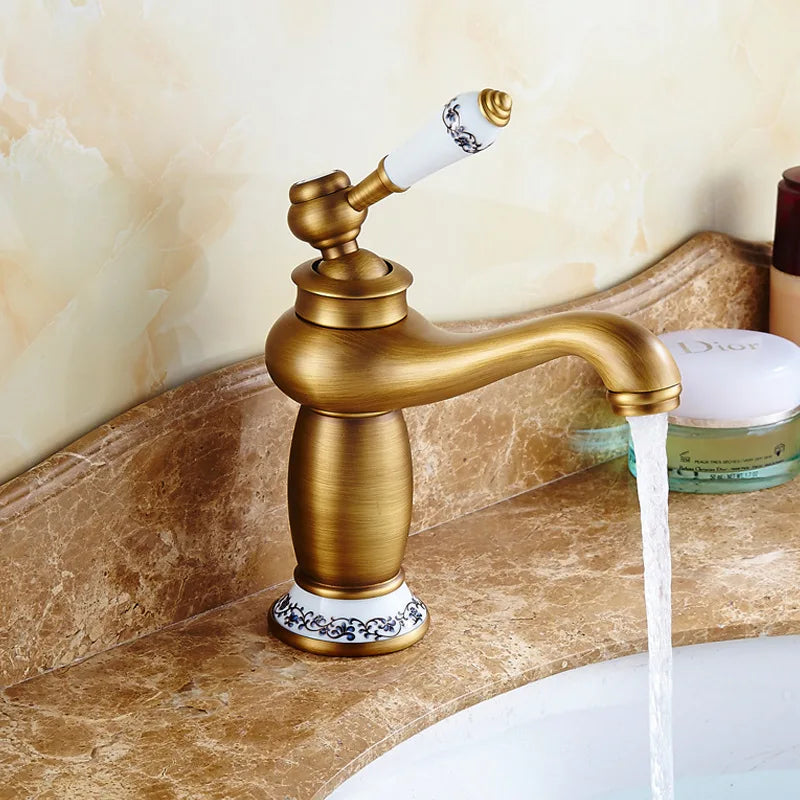 Retro European Bathroom Basin Faucets Gold Mixer Tap Ceramic Decoration Plating Chrome Single Handle Hot And Cold Deck Mounted