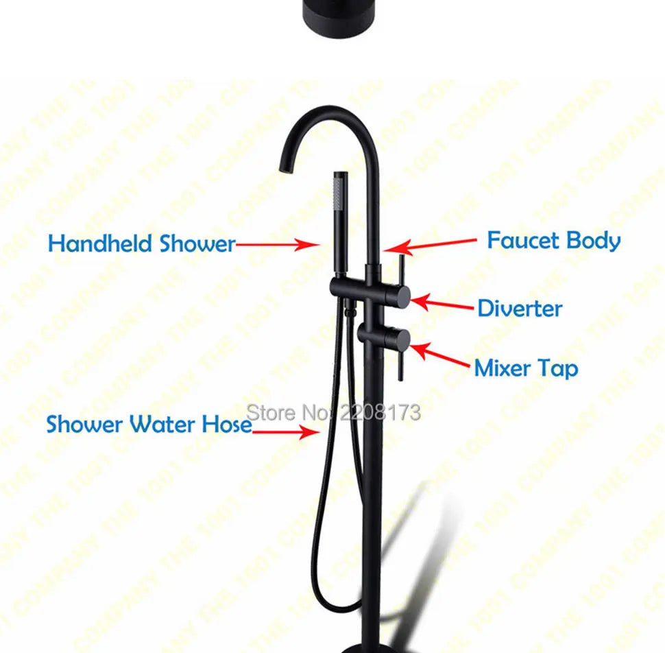 Matte Black Freestanding Bathtub Faucet 2 Ways Spout & Hand Shower Diverter Floor Mounted Bathtub Mixer Hot & Cold Bathroom Tap