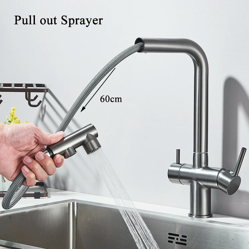 Filtered Kitchen Sink Faucet with Pull Down Sprayer 2 Handle 3 in 1 Water Filter Purifier Faucet Dual Sprayer Drinking Water Tap