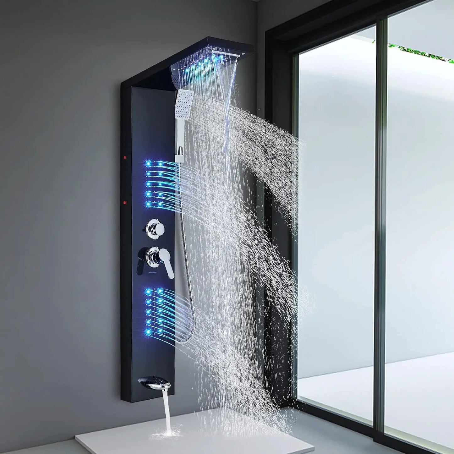 OUIO Brush LED Shower Panel Column Shower Faucet Bathtub Mixer Tap With Massage Body Spa Hand Shower Temperature Screen Set