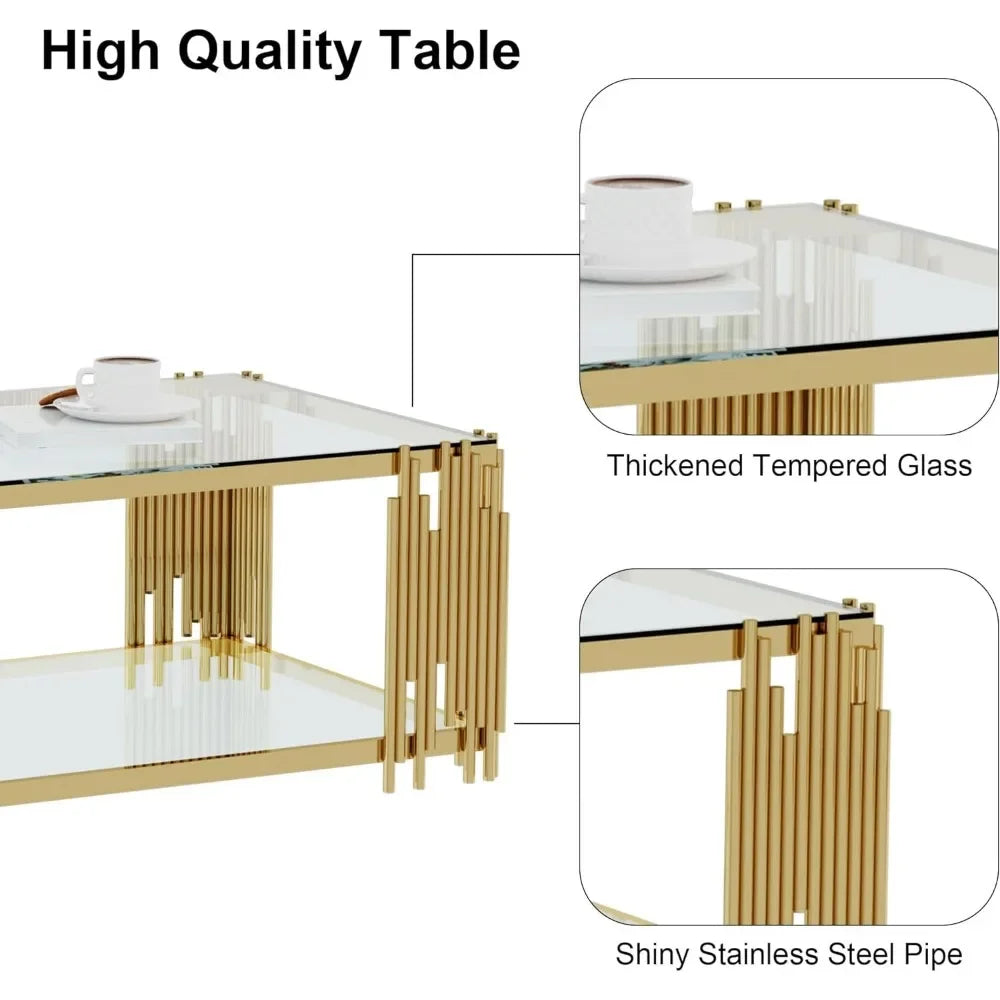 Modern Gold Coffee Table 51 Inch Rectangular Clear Tempered Glass