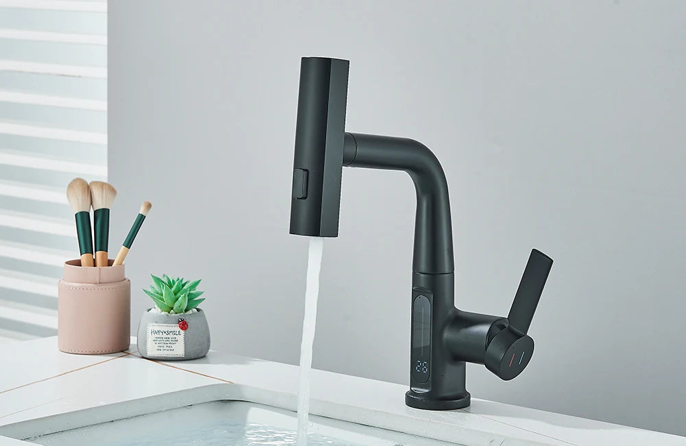 Waterfall Temperature Digital Display Basin Faucet Lift Up Down Stream Sprayer Hot Cold Water Sink Mixer Wash Tap For Bathroom