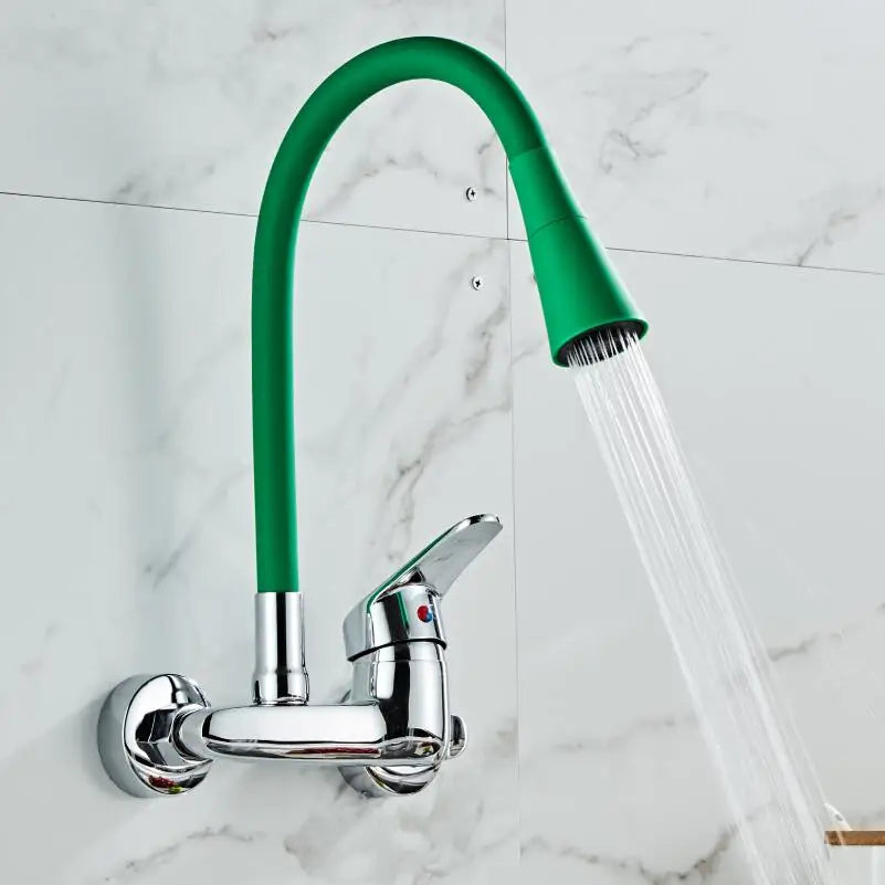 BAKALA RED color Wall Mounted Kitchen Faucet Wall Kitchen Mixers Kitchen Sink Tap 360 Degree Swivel Flexible Hose Double Holes