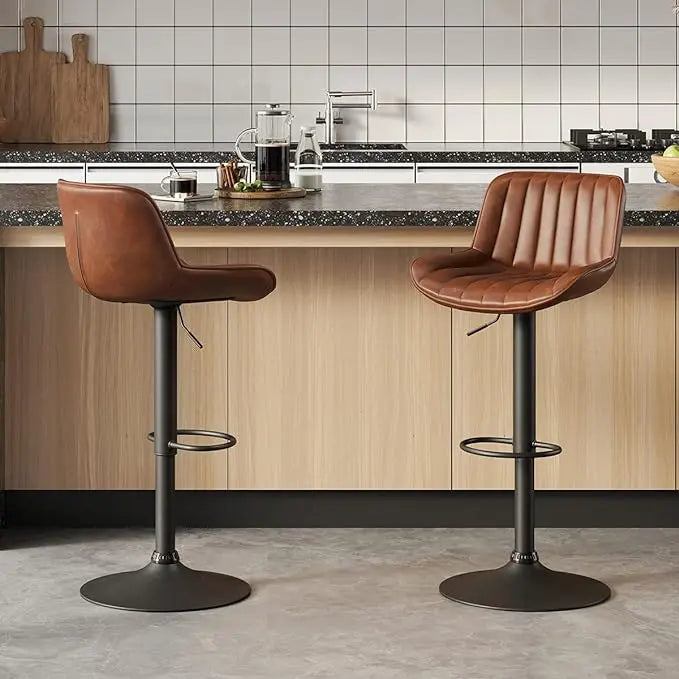 Mid Century Modern Faux Leather Swivel Adjustable Height Bar Stool Set of 2