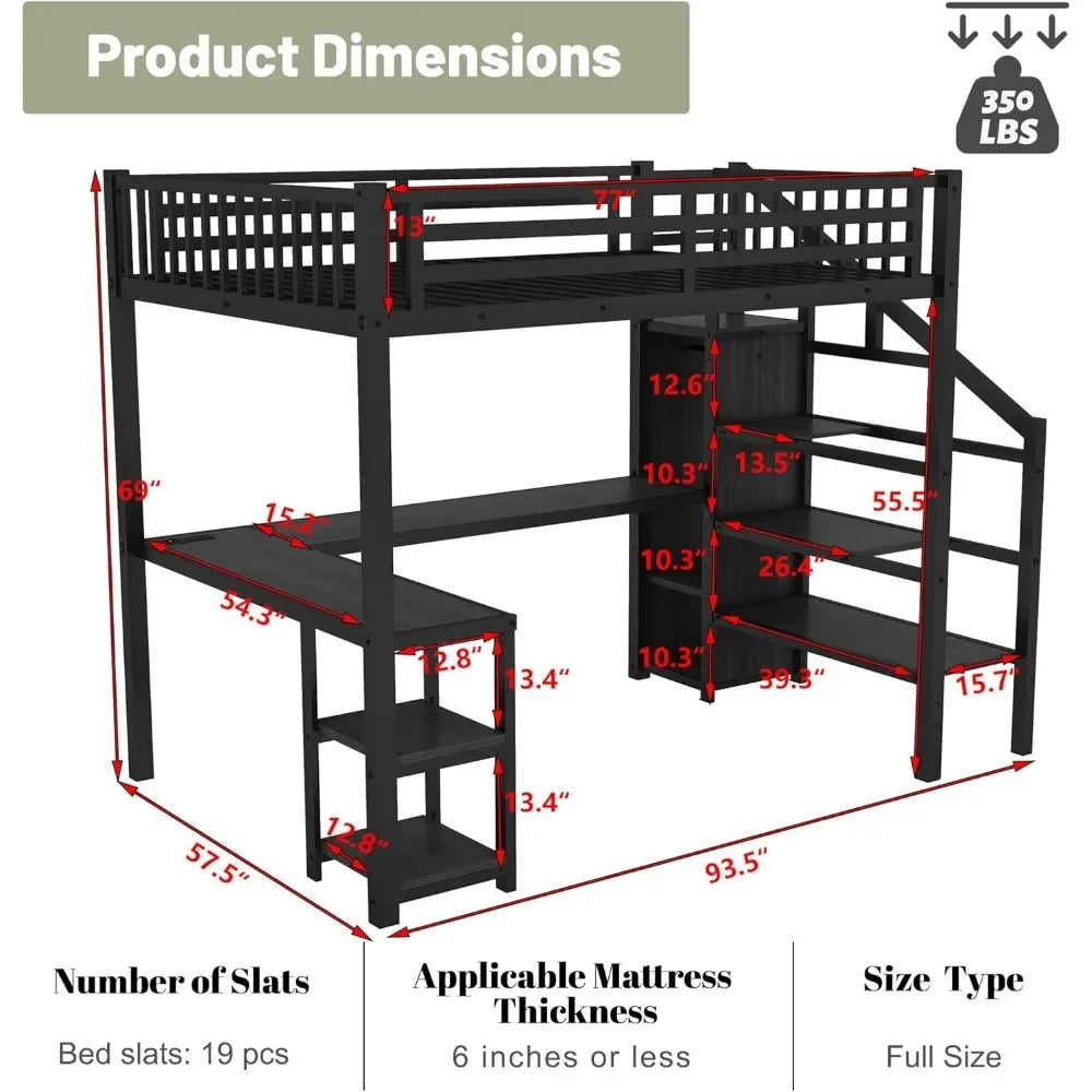 Full Size Loft Bed with Stairs and Desk Metal Loft Bed with LED Light and Charging Station