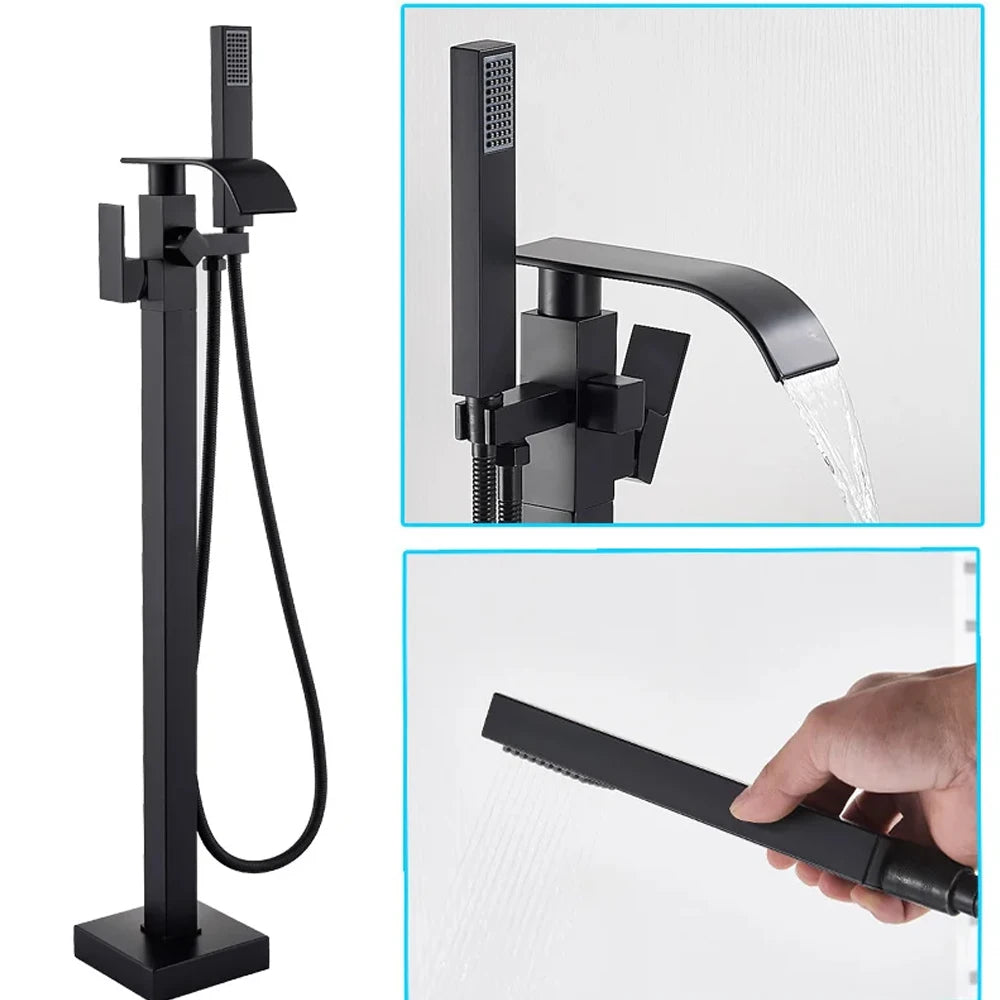 Luxury Matte Black Bathtub Faucet Freestanding Bathroom Tub Faucet  6 Types Spout Floor Mounted Bath Shower Mixer Tap
