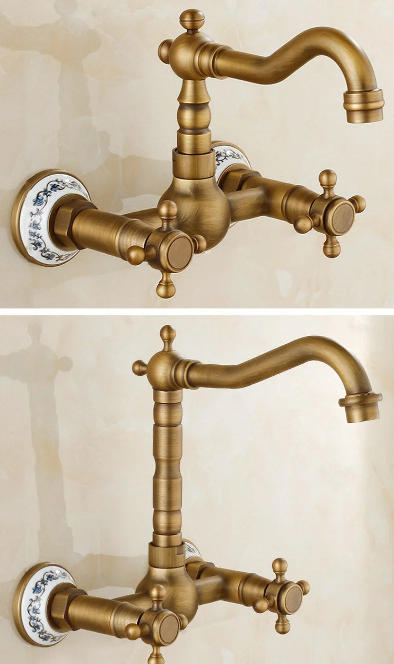 Antique brass ceramic into the wall faucet bathroom washbasin basin wall mount double handle cold and hot water faucet