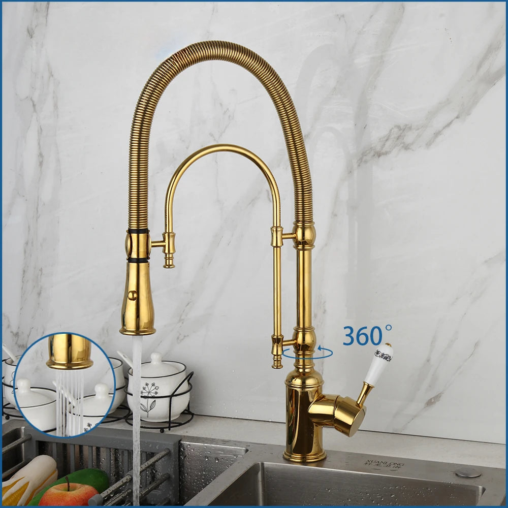 Golden Spring Pull Down Kitchen Sink Faucet Hot & Cold Mixer Crane Tap with Dual Spout Deck Mounted Hot Cold Faucets