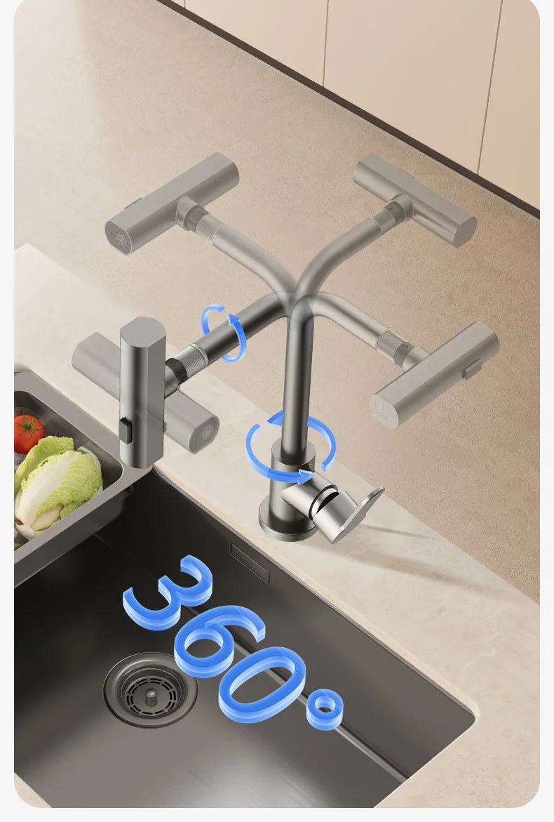 Gray Kitchen Faucets Pull Out Rotation Waterfall Stream Sprayer Head Hot -Cold Water Faucet Wash Basin Rotation Water Tap 