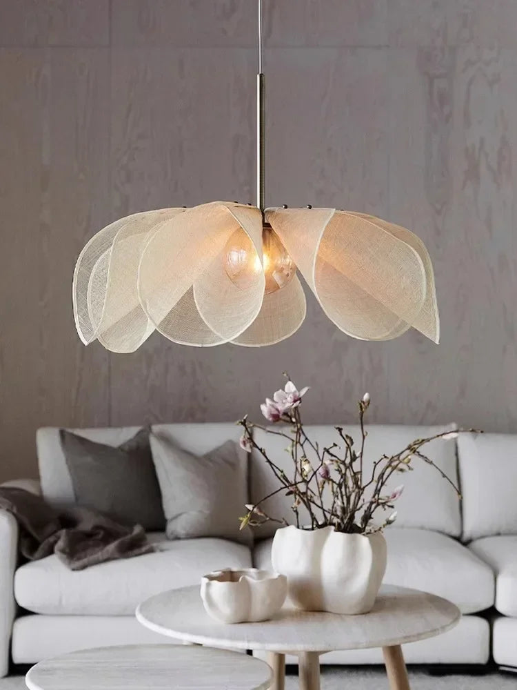 Nordic Japanese Style Fabric LED Flower Pendant