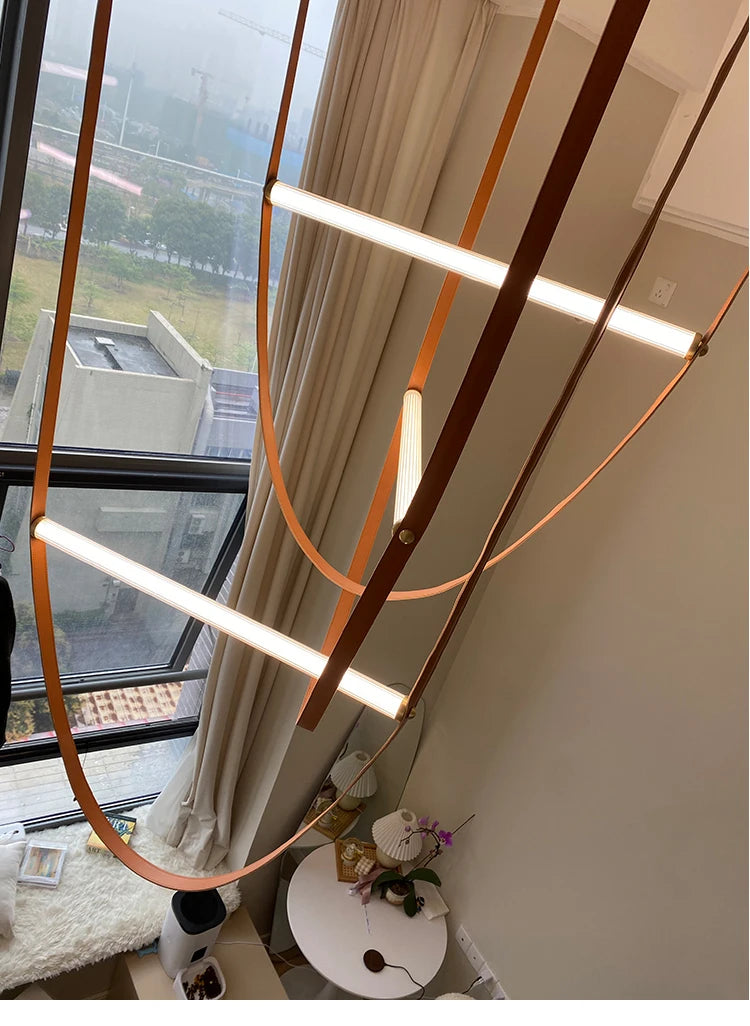 Postmodern Leather Belt Chandelier Living Room Villa Building Coffee Restaurant Glass Tube Designer Chandelier