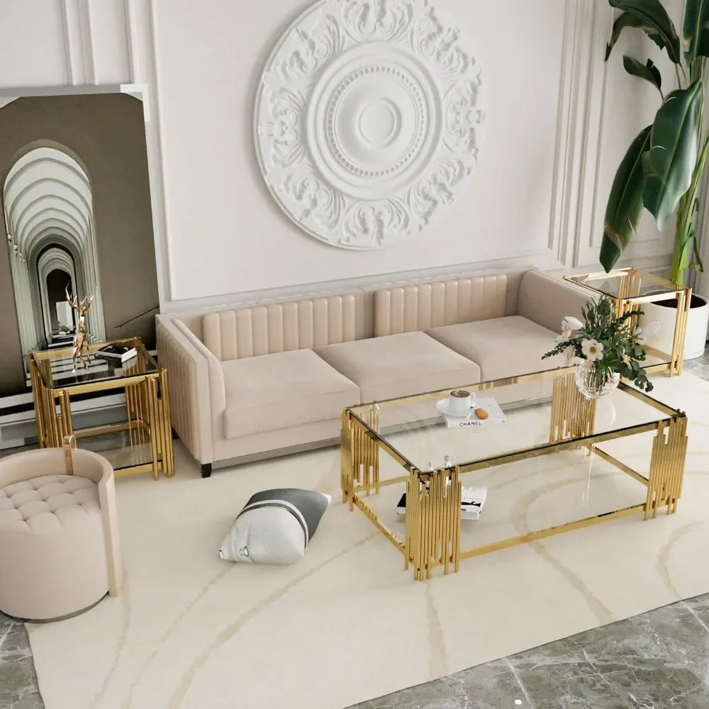 Modern Gold Coffee Table 51 Inch Rectangular Clear Tempered Glass