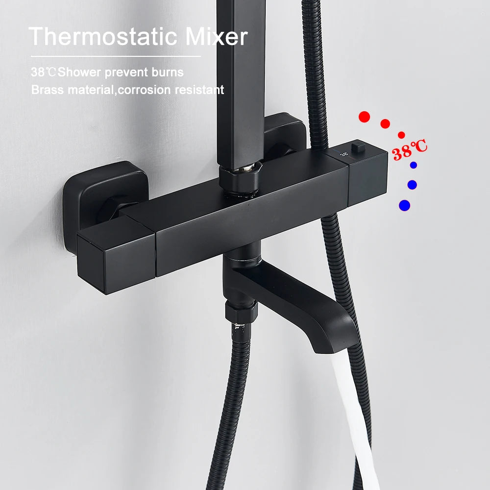 Black Thermostatic Shower Faucet Set 38℃ Rainfall Shower Mixer Crane Multifunctional Bathroom Faucet Bathtub Tap With Shelf