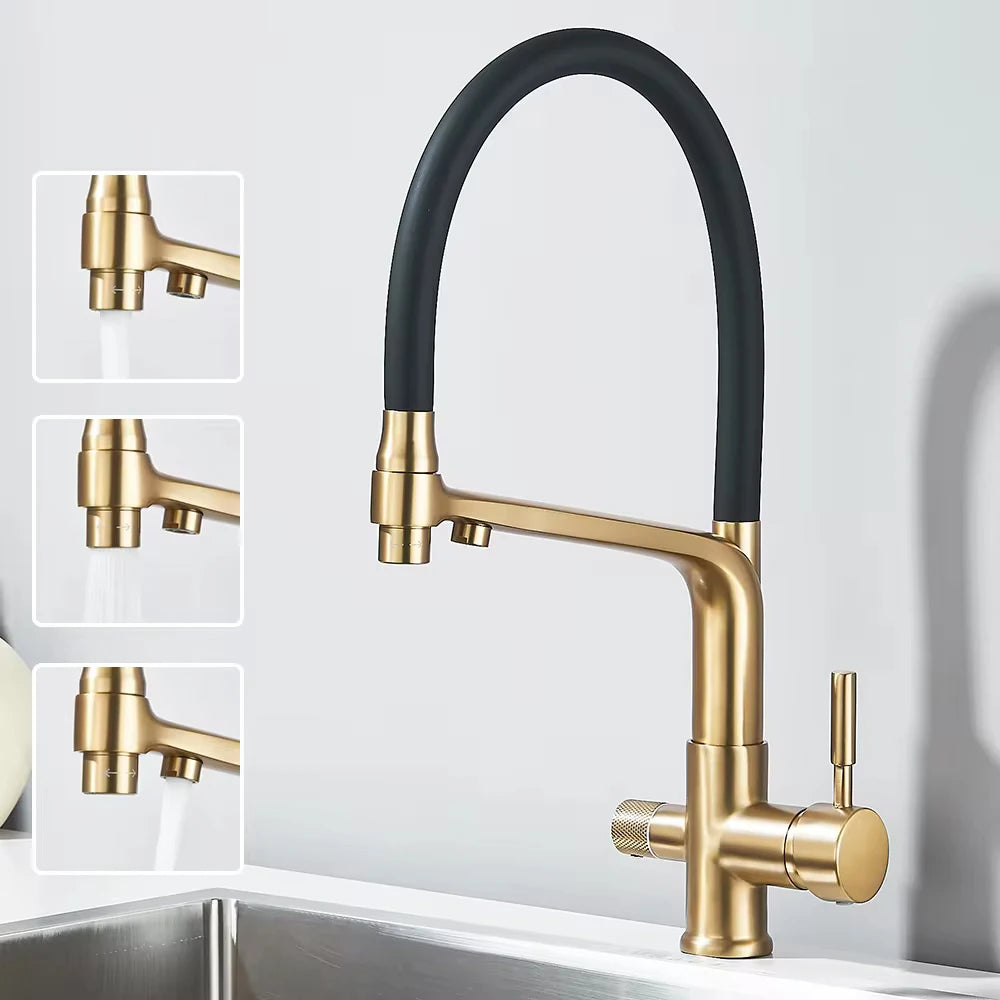 Brushed Gold Kitchen Faucet Filtered Water Dual Spout Purification Feature Kitchen Tap 360 Rotation Water Crane For Kitchen