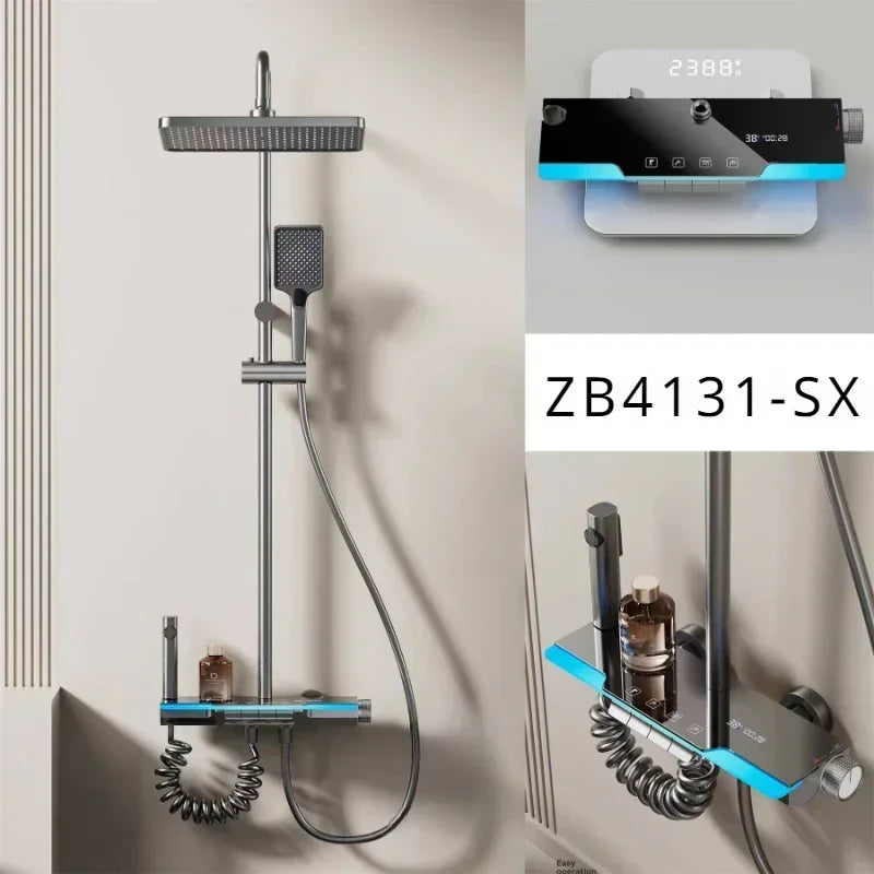 Smart Temperature Digital Display Luxury Shower System Bathroom Wall Mount Piano Key 4 Function Water Outlet Shower Faucet Set