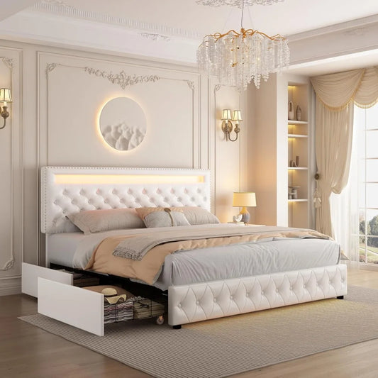 Queen Led Bed Frame with 4 Storage Drawers and Smart Control LED Lights