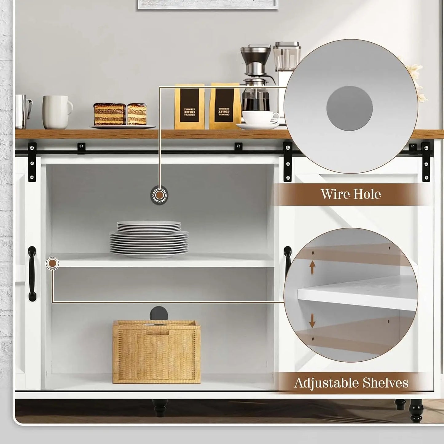 Farmhouse Coffee Bar Cabinet with Storage, 58'' Buffet Cabinet with Sliding Barn Door, White Coffee Bar Table with Woo