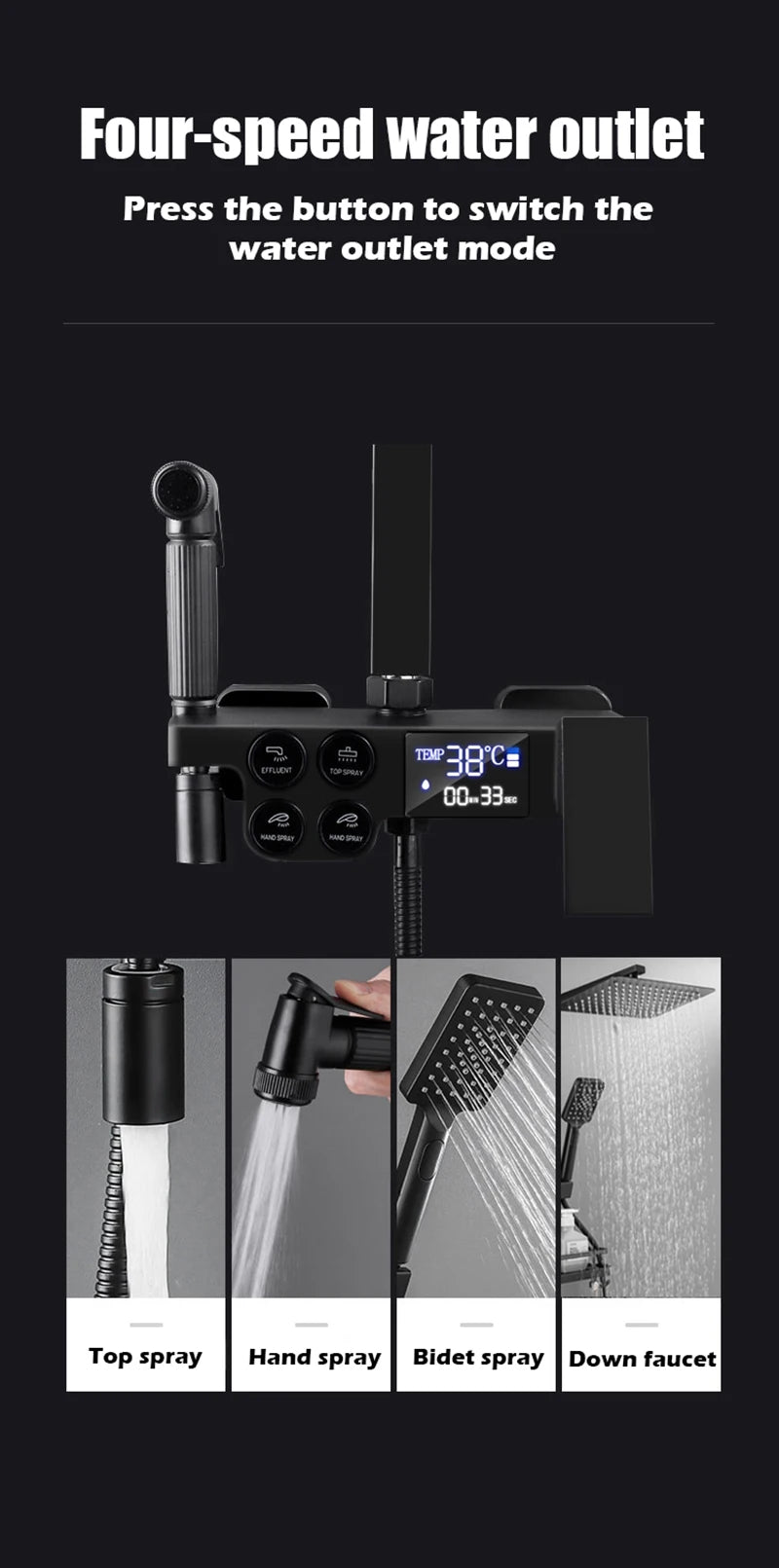Bathroom Shower Set Black Gold Rain Shower Faucet Thermostatic Digital Display Shower Mixer Taps Copper Shower Systems for Bath